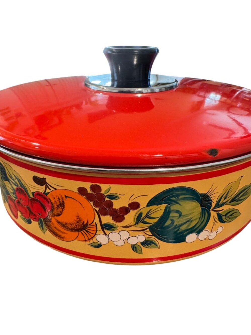 Fancipan Enamel Saucepan Lid Red Vegetable Design Metal Handle Kitchen Decor Vtg - Picture 7 of 16